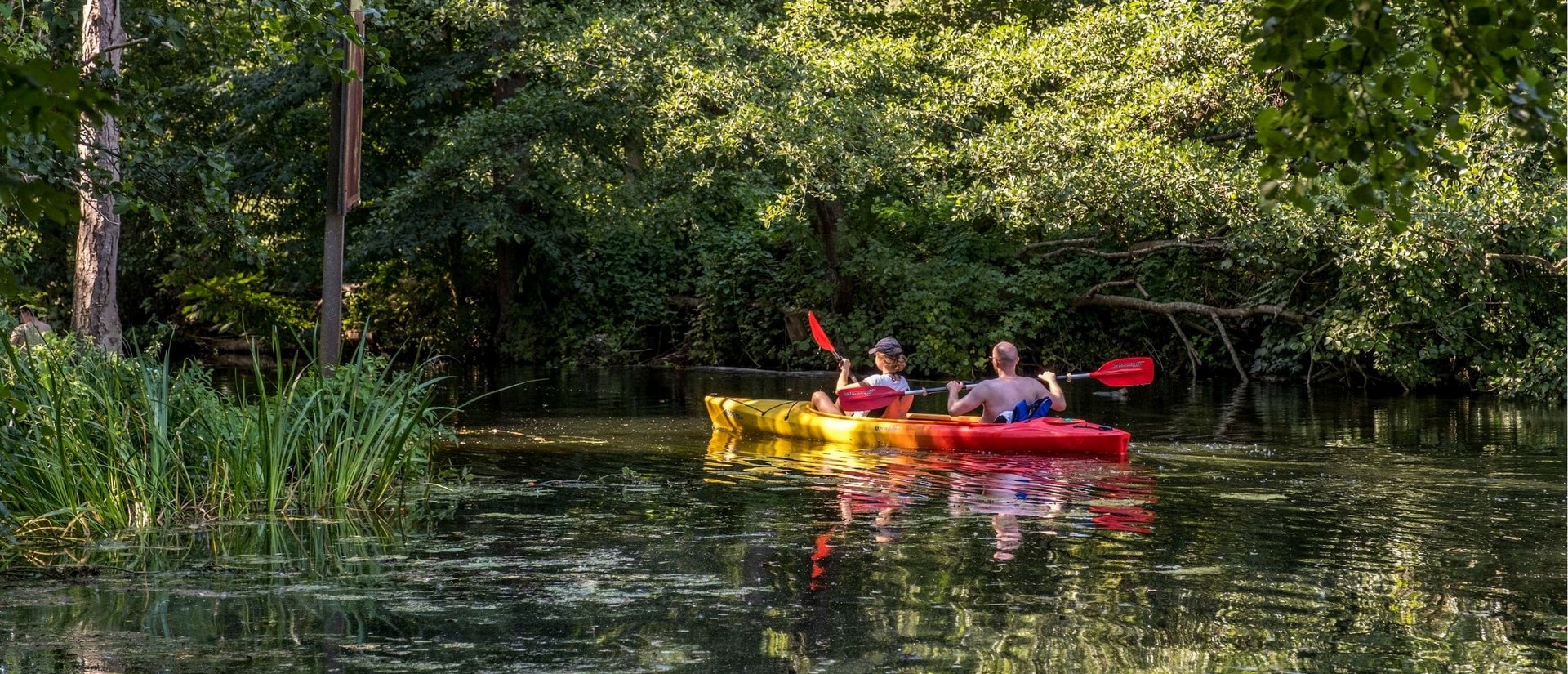 Ein Paar fährt Kanu auf der Eider im Naturpark Westensee