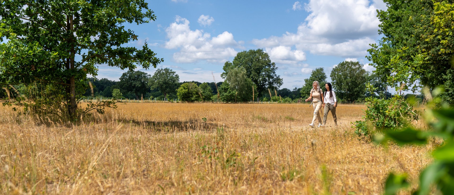 Zwei Frauen Wandern in idyllischer Natur bei blauem Himmel durch den Naturpark Aukrug. 