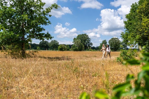 Zwei Frauen Wandern in idyllischer Natur bei blauem Himmel durch den Naturpark Aukrug. 