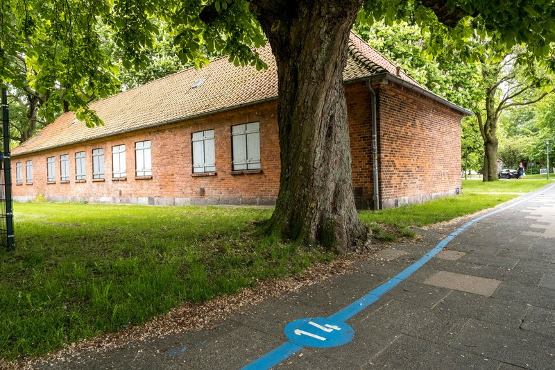 Ein Backsteingebäude mit geschlossenen Fensterläden, daneben ein großer Baum und ein Gehweg mit einer blauen Linie und der Zahl 114.