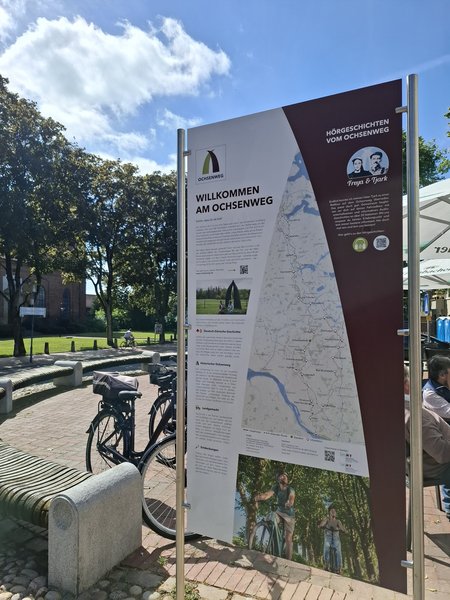 Infotafel am Ochsenweg mit Karte und Text, umgeben von Bäumen und Fahrrädern.